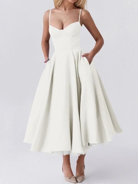 Ivory Spaghetti-Strap Midi Dress with ruffle lining - Picture 1 of 8